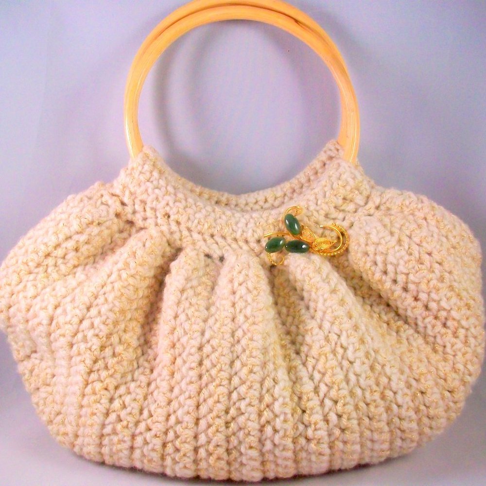 Handmade Crochet Cream Gold Metalliic Hobo Bag Bamboo Handles Floral Brooch
